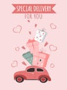 Valentine`s Day card with hand drawn vector flat illustration - car loaded with gift boxes and saying `special delivery for you` o